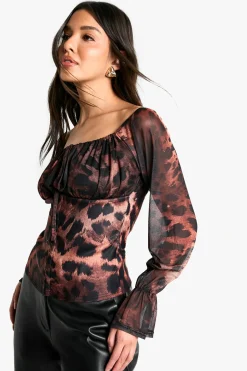 Corset en bengaline imprimé à crochets et œillets avec manche en maille Bardot
