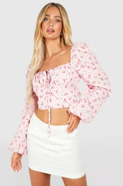 boohoo Corset floral à lacets et manches ballon<Femme Tops