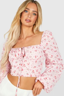 boohoo Corset floral à lacets et manches ballon<Femme Tops