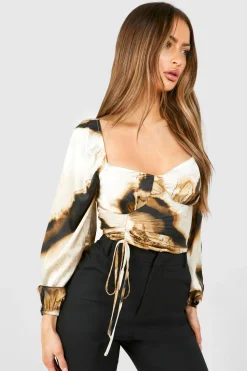 boohoo Corset satiné froncé à imprimé abstrait<Femme Satin Et Dentelle|Tops