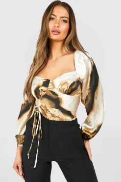 boohoo Corset satiné froncé à imprimé abstrait<Femme Satin Et Dentelle|Tops