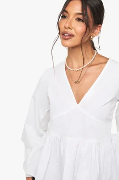 Cotton Poplin Blouson Sleeved Smock Top