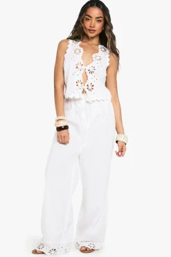 Cotton Poplin Broderie Trim Gilet et Pantalon Coordonné