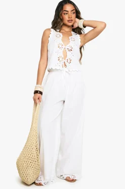 Cotton Poplin Broderie Trim Gilet et Pantalon Coordonné