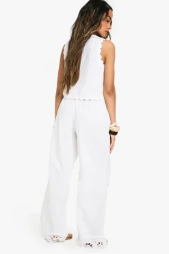 Cotton Poplin Broderie Trim Gilet et Pantalon Coordonné
