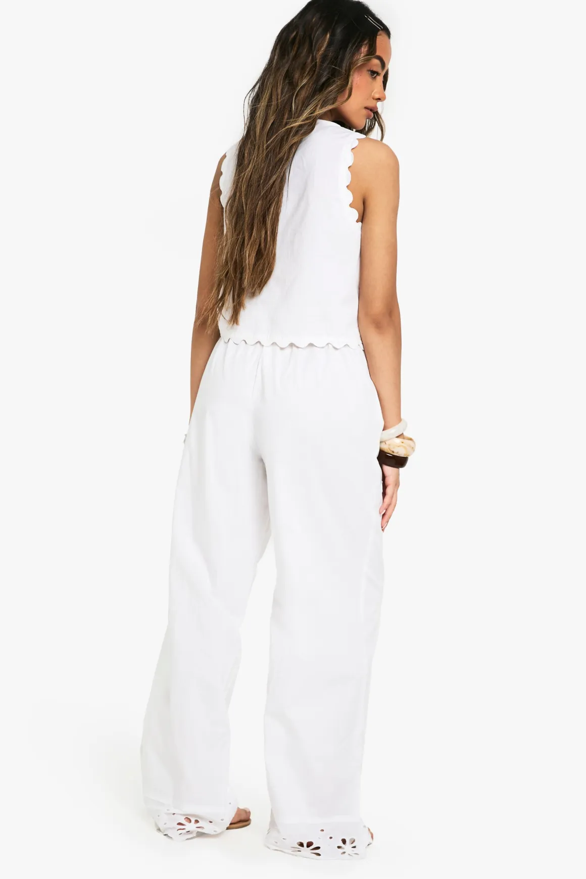 Cotton Poplin Broderie Trim Gilet et Pantalon Coordonné