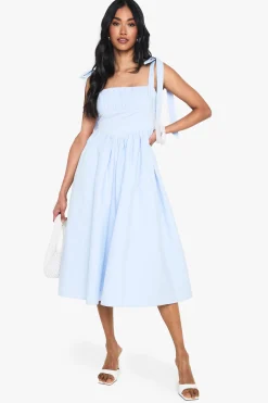 boohoo Cotton Ruched Bust Shoulder Tie Midi Dress<Femme Toutes Les Robes|Robes Patineuses