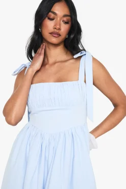 boohoo Cotton Ruched Bust Shoulder Tie Midi Dress<Femme Toutes Les Robes|Robes Patineuses