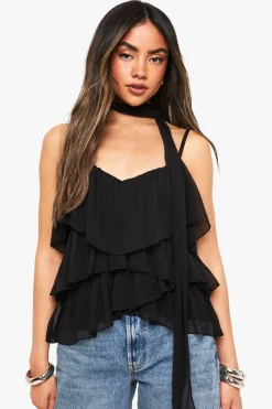 boohoo Crinkle Chiffon Ruffle Scarf Cami<Femme Tops