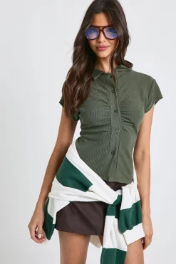 boohoo Crinkle Rib Button Through Cap Sleeve Shirt<Femme Tops