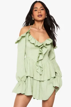boohoo Crinkle Ruffle Layered Mini Dress<Femme Robes Patineuses|Robes À Manches Longues