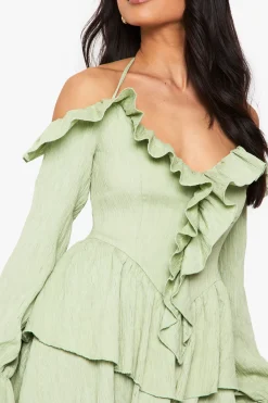 boohoo Crinkle Ruffle Layered Mini Dress<Femme Robes Patineuses|Robes À Manches Longues