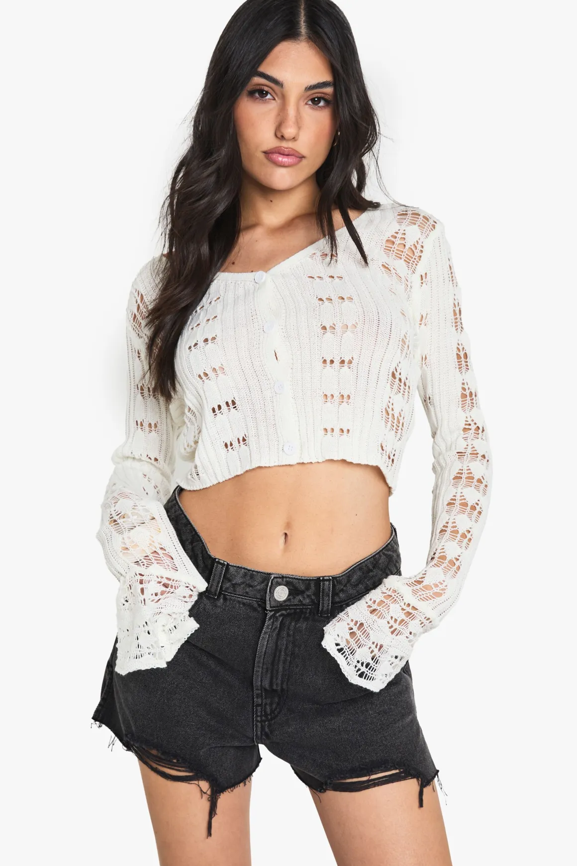 Crochet Cardigan à Manches Volantées