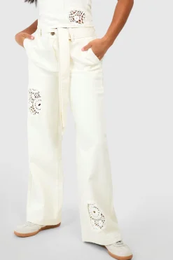 Crochet Mix Belted Wide Leg Jeans