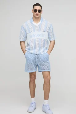Crochet Stripe Football V Neck Knitted Shorts Set