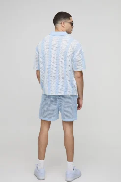 Crochet Stripe Football V Neck Knitted Shorts Set