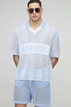 Crochet Stripe Football V Neck Knitted Shorts Set