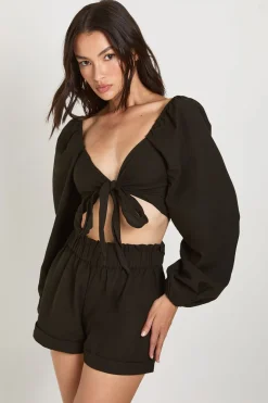 Crop Noué Et Short Taille Paperbag Aspect Lin