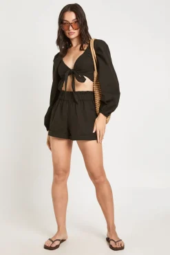 Crop Noué Et Short Taille Paperbag Aspect Lin