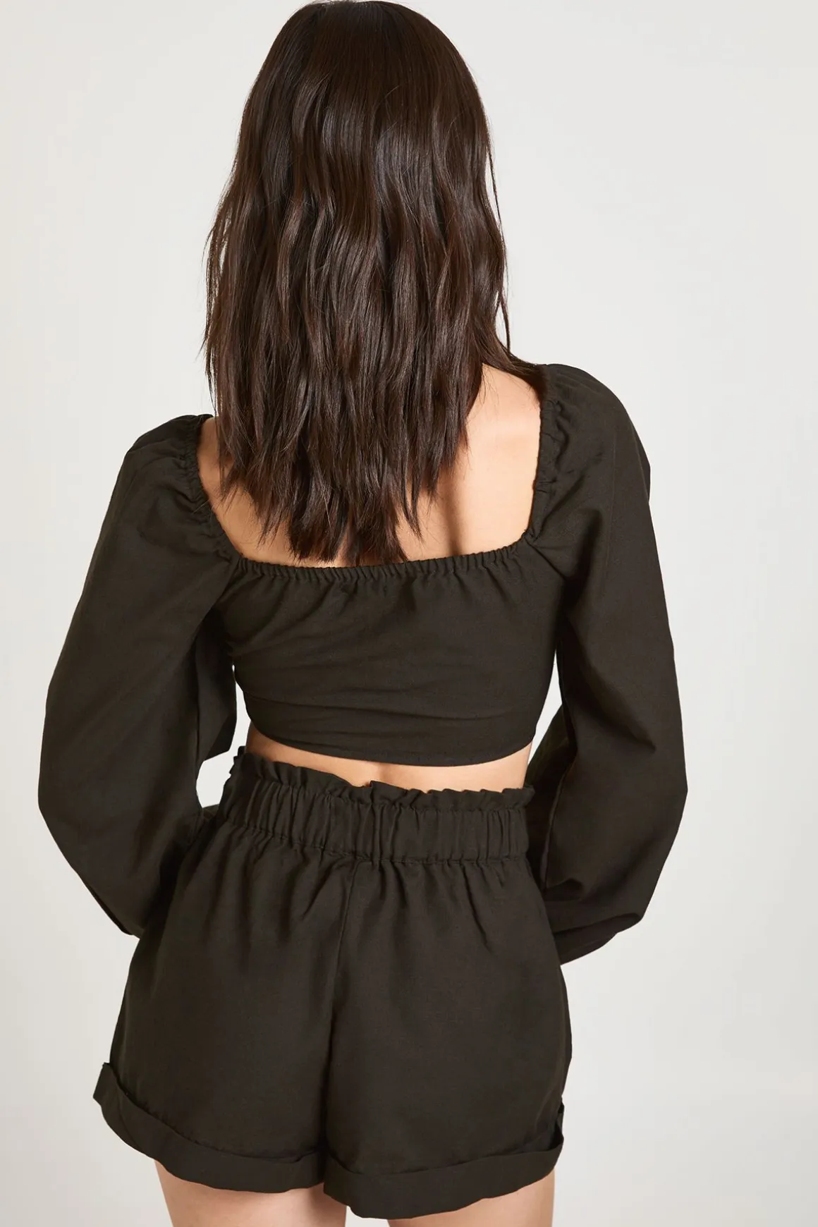 Crop Noué Et Short Taille Paperbag Aspect Lin