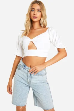 Crop Top à Effet Lin et Manches Bouffantes