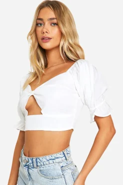 Crop Top à Effet Lin et Manches Bouffantes