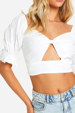 Crop Top à Effet Lin et Manches Bouffantes
