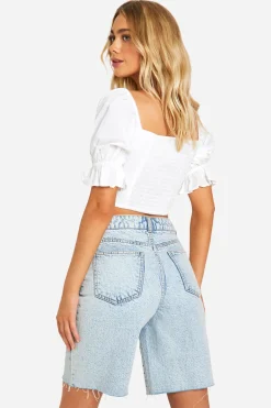 Crop Top à Effet Lin et Manches Bouffantes