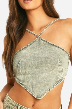 Crop-top en denim à ourlet foulard
