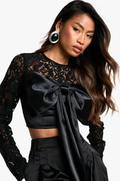 Crop Top en Dentelle et Satin Mélangés avec Détail de Nœud