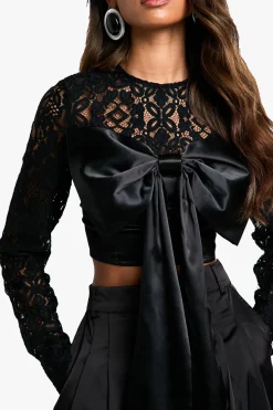 Crop Top en Dentelle et Satin Mélangés avec Détail de Nœud