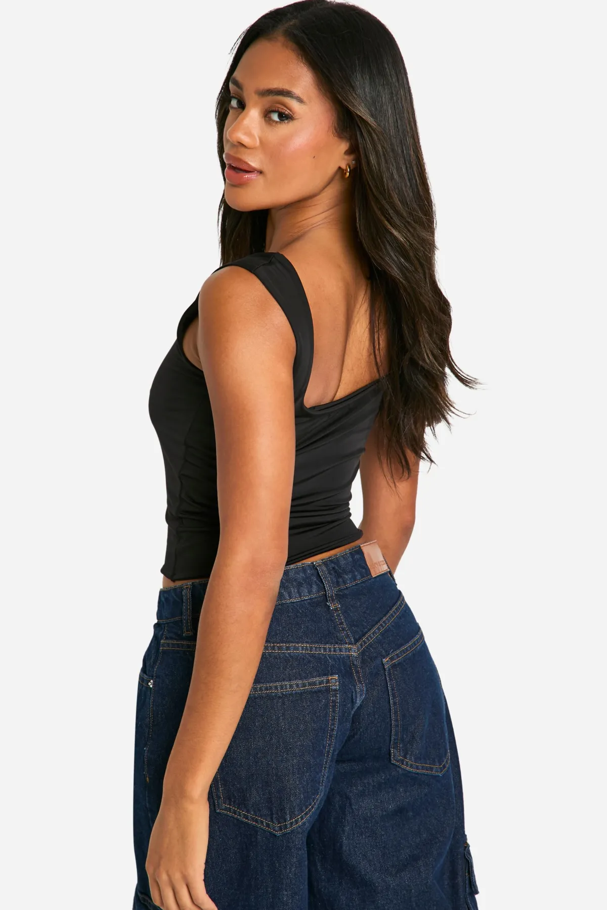 boohoo Crop top en Slinky à double couche et à col carré<Femme Tops