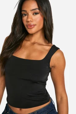 boohoo Crop top en Slinky à double couche et à col carré<Femme Tops