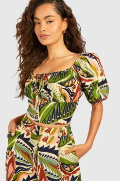 boohoo Crop top à imprimé bohème effet lin<Femme Tops
