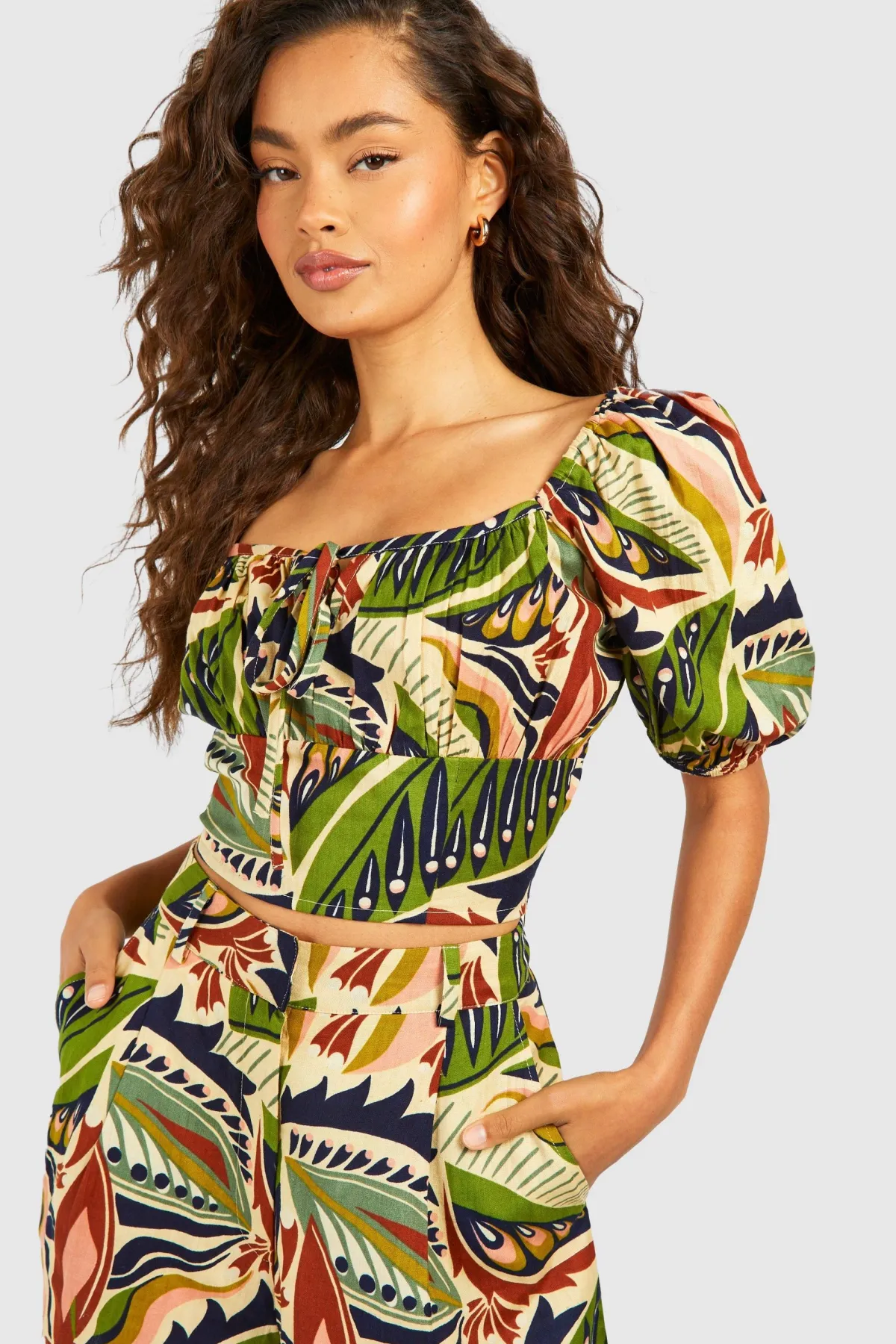 boohoo Crop top à imprimé bohème effet lin<Femme Tops