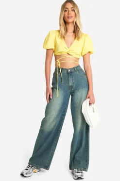 Crop top à nouer à l'avant avec manches bouffantes