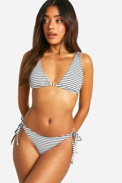 boohoo Culotte bikini mono rayé côtelée à nouer sur le côté<Femme Maillots De Bain|Tenues De Plage
