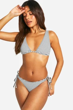 boohoo Culotte bikini mono rayé côtelée à nouer sur le côté<Femme Maillots De Bain|Tenues De Plage