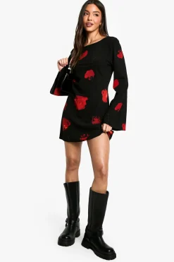 Dark Floral Low Back Flare Sleeve Dress -><noscript><img width=