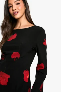 Dark Floral Low Back Flare Sleeve Dress -><noscript><img width=