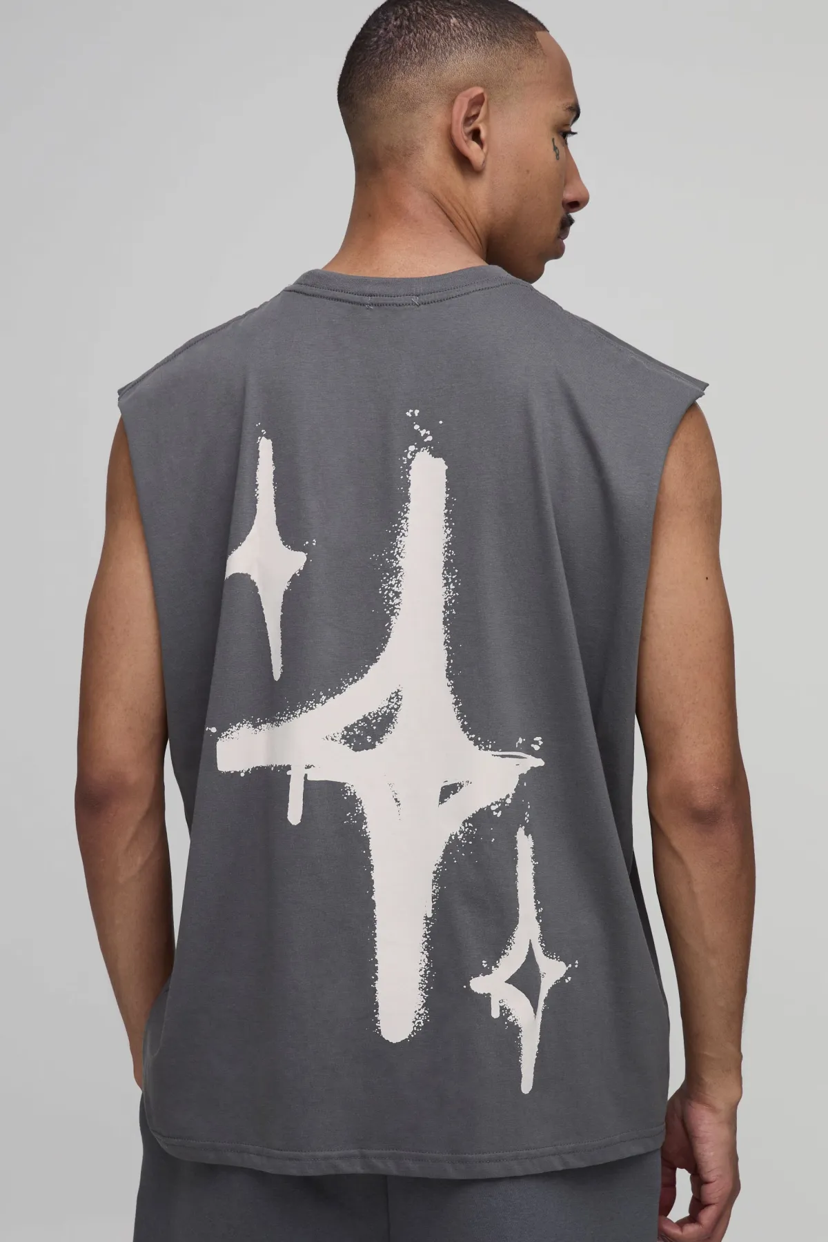 boohooMAN Débardeur Anthracite Oversize Imprimé Graffiti Étoile Spray<Homme Tout Afficher