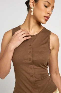 boohoo Débardeur Boutonné En Tissu Slub<Femme Looks Chocolat|Tops