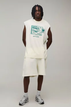 boohooMAN Débardeur Écru Oversize Imprimé Carte Postale Pour Grande Taille<Homme Tout Afficher|Tout Afficher