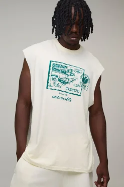 boohooMAN Débardeur Écru Oversize Imprimé Carte Postale Pour Grande Taille<Homme Tout Afficher|Tout Afficher