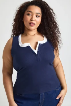 boohoo Débardeur Côtelé Grande Taille À Col Henley Contrasté Avec Boutons<Femme Tops