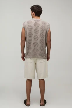 boohooMAN Débardeur En Maille Oversize À Motif Géométrique Ajouré<Homme Tout Afficher|T-Shirts Grande Taille