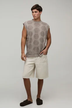 boohooMAN Débardeur En Maille Oversize À Motif Géométrique Ajouré<Homme Tout Afficher|T-Shirts Grande Taille