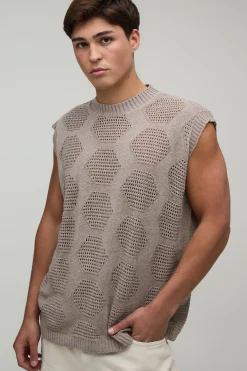 boohooMAN Débardeur En Maille Oversize À Motif Géométrique Ajouré<Homme Tout Afficher|T-Shirts Grande Taille