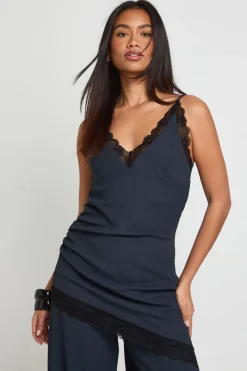 Débardeur Long Asymétrique En Tissu Gaufré Avec Finition Dentelle