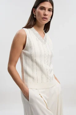 Débardeur Tricoté Col V Orné de Strass Thermocollants